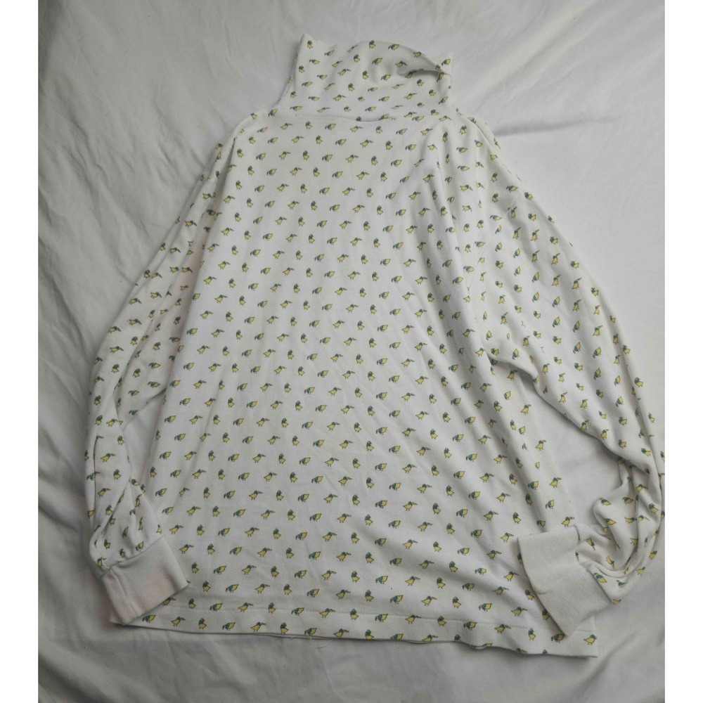 Vintage 80s Lady Van Heusen Turtleneck Shirt Womens M White Bird Print Retro